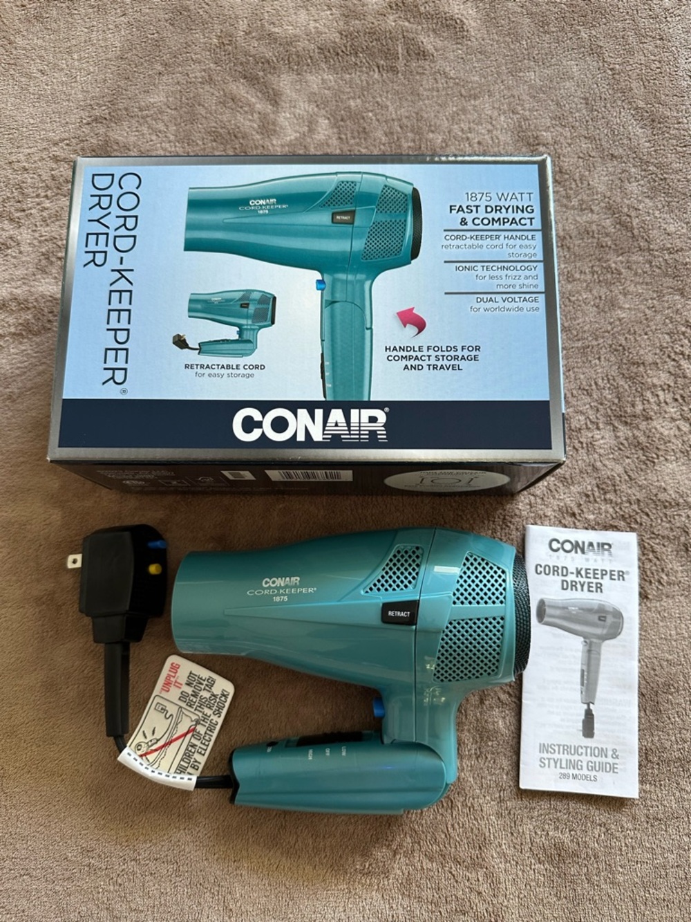 Conair Cord-Keeper Compact Hair Dryer in Teal, New in box.